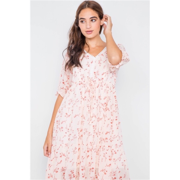 LIGHT PINK FLORAL SHEER MIDI DRESS - Picture 3 of 6